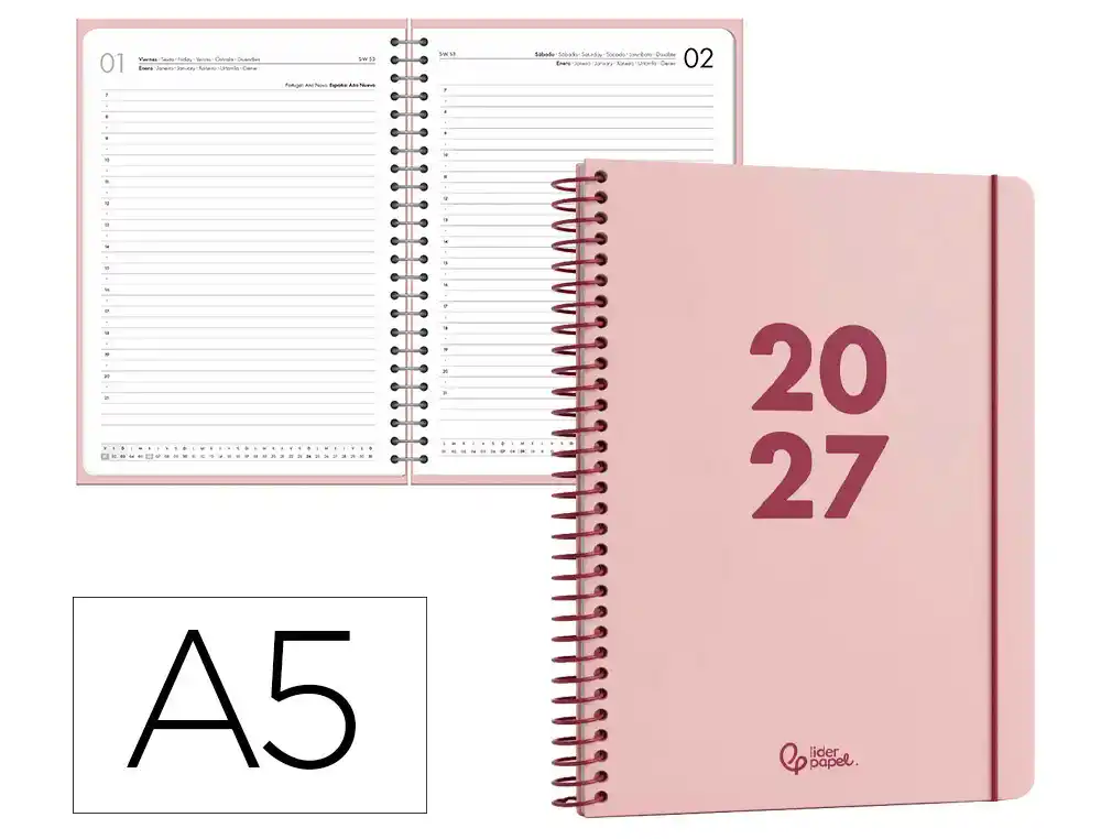 Agenda de escritório Liderpapel 2027 Espiral Basic Dia/Página A5 Bilíngue Papel 60G Fsc Design 6