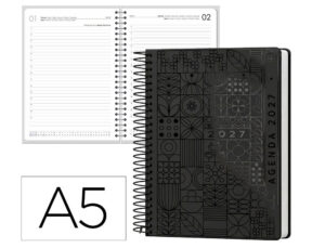 Agenda de escritório Liderpapel 2027 Espiral Syros Dia/Página A5 Bilíngue Papel 60G Fsc Preto