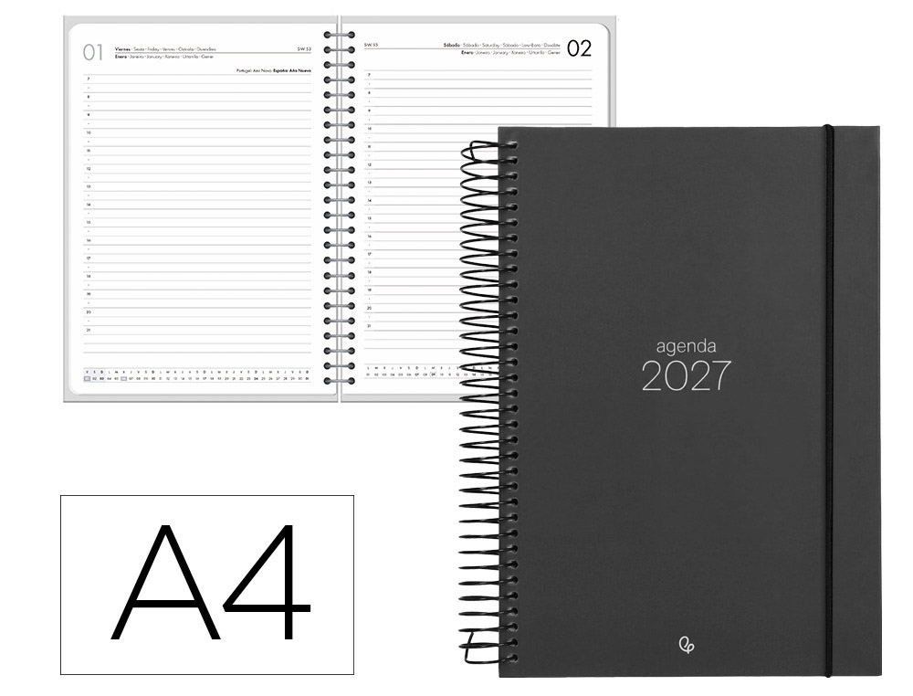 Agenda de escritório Liderpapel 2027 Espiral Olbia Dia/Página A4 Bilíngue Papel 60G Fsc Preto