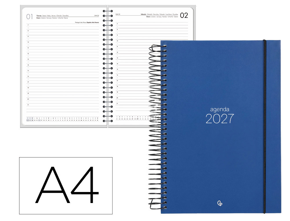 Agenda de escritório Liderpapel 2027 Espiral Olbia Dia/Página A4 Bilíngue Papel 60G Fsc Azul