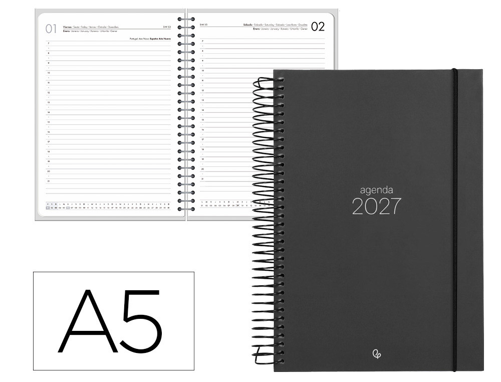 Agenda de escritório Liderpapel 2027 Espiral Olbia Dia/Página A5 Bilíngue Papel 60G Fsc Design 1