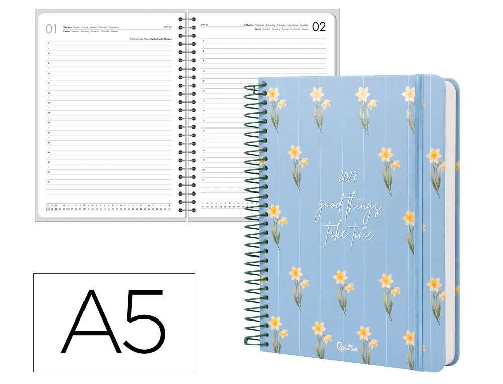 Agenda de escritório Liderpapel 2027 Espiral Flowers A Dia/Página A5 Bilíngue Papel 70G Fsc Design 1