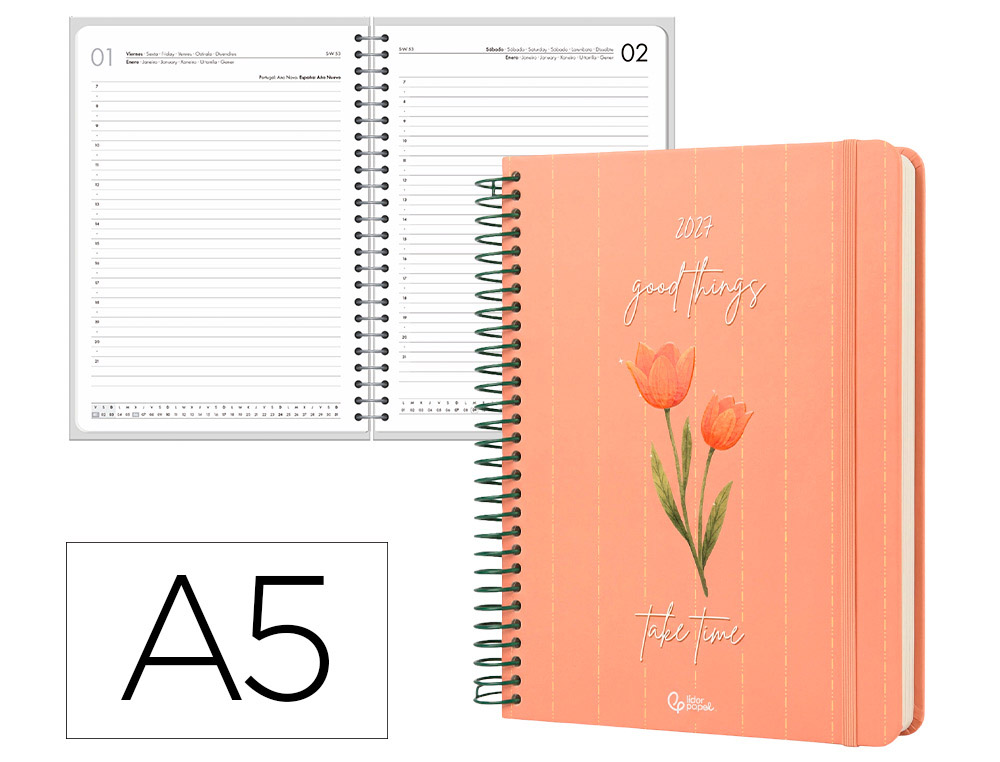 Agenda de escritório Liderpapel 2027 Espiral Flowers A Dia/Página A5 Bilíngue Papel 70G Fsc Design 4