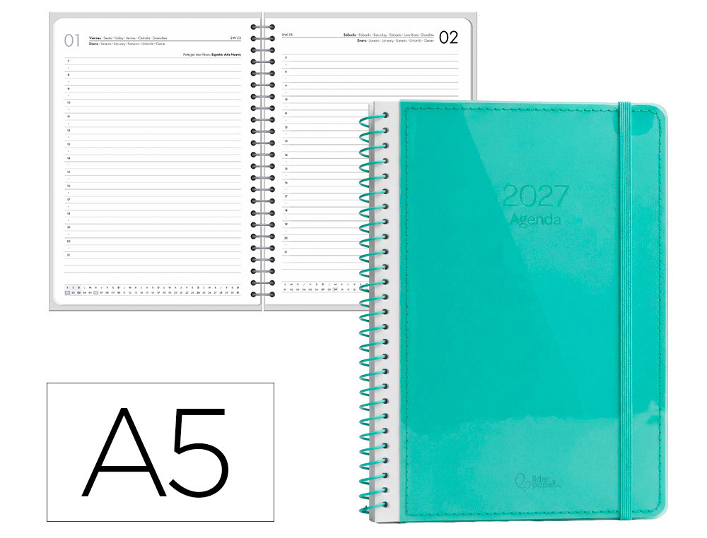 Agenda de escritório Liderpapel 2027 Espiral Neon Dia/Página A5 Bilíngue Papel 70G Fsc Design 2