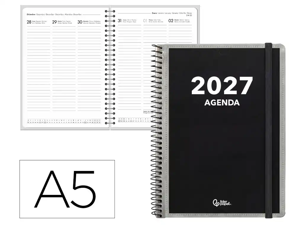 Agenda de escritório Liderpapel 2027 Espiral Personalizável Semana À Vista A5 Bilíngue Papel 70G Fsc Design 1
