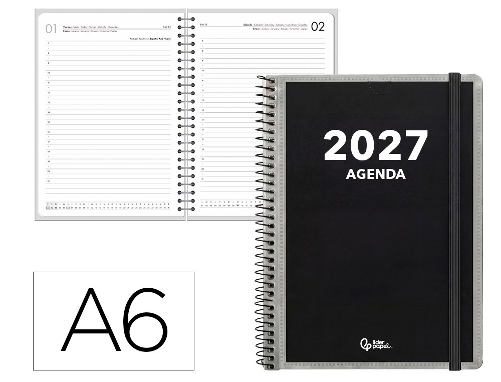 Agenda de escritório Liderpapel 2027 Espiral Personalizável Dia/Página A6 Bilíngue Papel 70G Fsc Design 1
