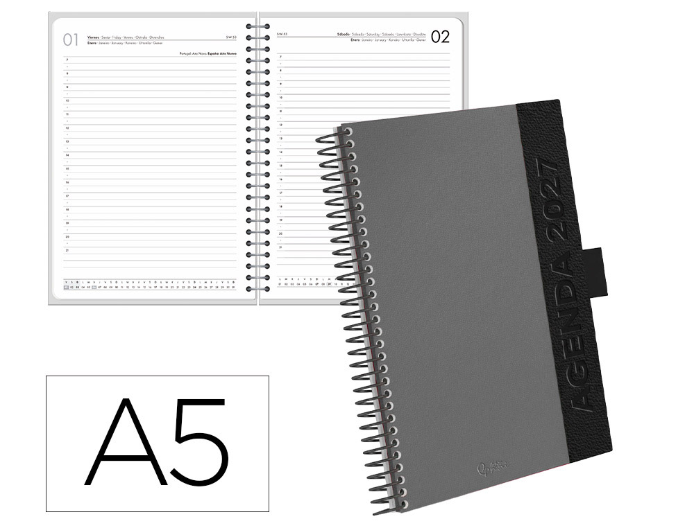 Agenda de escritório Liderpapel 2027 Espiral Symi Dia/Páginaa5 Bilíngue Papel 70G Fsc Cinza