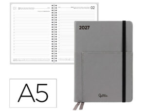 Agenda de escritório Liderpapel 2027 Encadernada Naxos Dia/Página A5 Bilíngue Papel 70G Fsc Cinzento