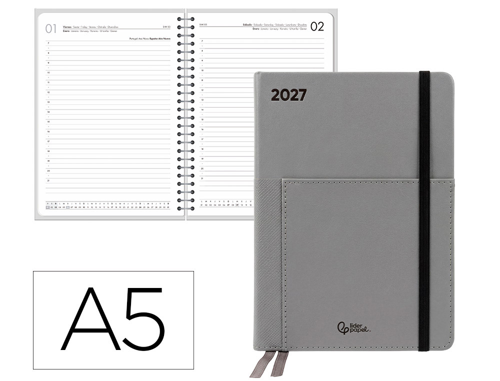 Agenda de escritório Liderpapel 2027 Encadernada Naxos Dia/Página A5 Bilíngue Papel 70G Fsc Cinzento