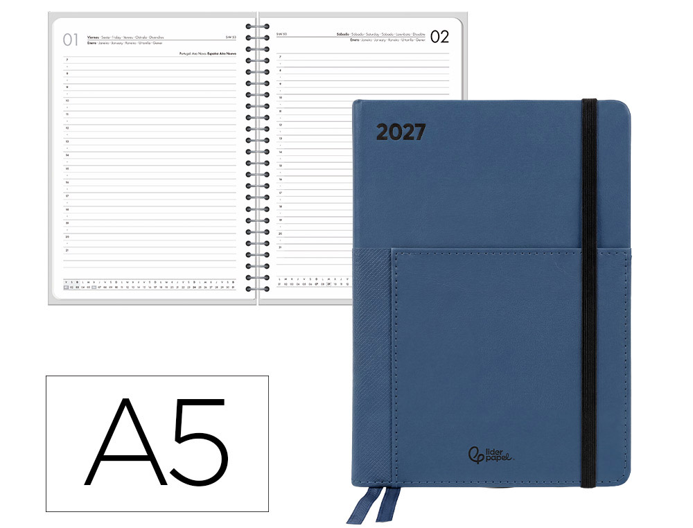 Agenda de escritório Liderpapel 2027 Encadernada Naxos Dia/Página A5 Bilíngue Papel 70G Fsc Azul Marinho