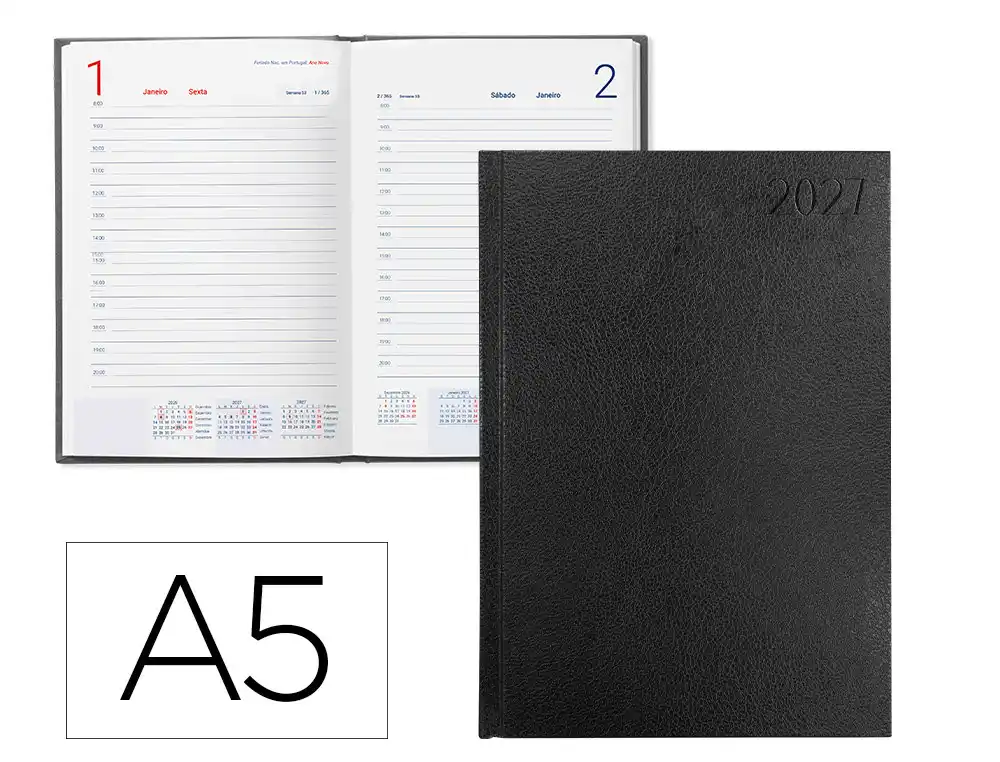 Agenda de escritório liderpapel 2027 encadernada corfu dia/página a5 bilíngue papel 60g fsc preto português