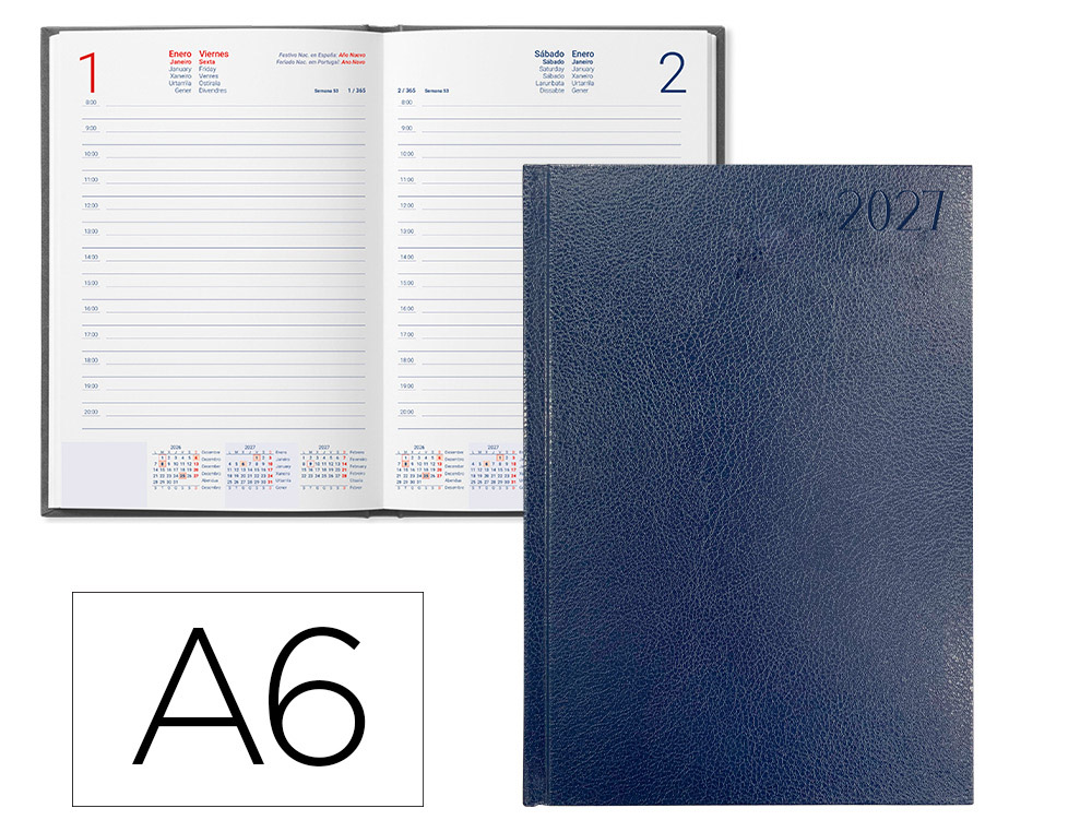 Agenda de escritório Liderpapel 2027 Encadernada Corfu Dia/Página A6 Bilíngue Papel 60G Fsc Azul