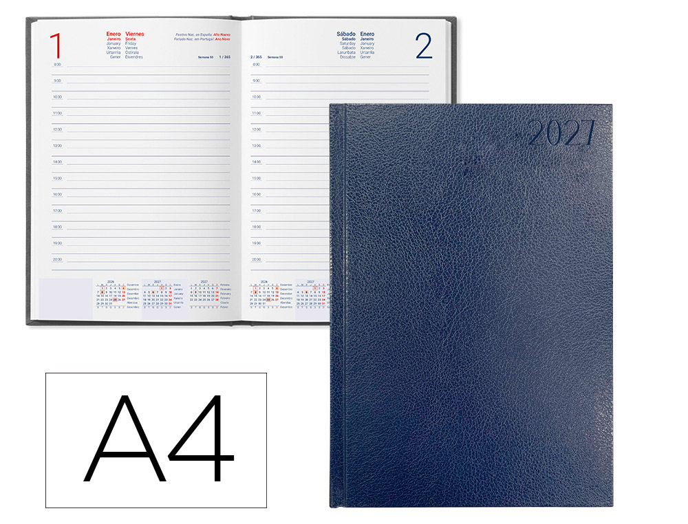 Agenda de escritório Liderpapel 2027 Encadernada Corfu Dia/Página A4 Bilíngue Papel 60G Fsc Azul