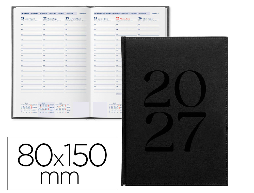 Agenda de escritório Liderpapel 2027 Encadernada Creta Semana À Vista 80X150 Mm Bilíngue Papel 70G Fsc Preto