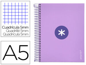 Caderno espiral din a5 antartik capa forrada 120 f 100 gr quadricula 5mm 5 banda 6 furos cor lavanda