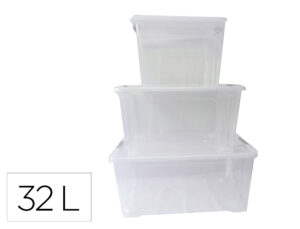 CAJA DE ALMACENAJE ARCHIVO 2000 POLIPROPILENO 32 LITROS APILABLE Y ENCAJABLE CON TAPA Y RUEDAS TRANSPARENTE