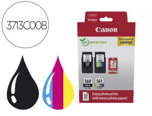 Tinteiro canon photo value pack pg-560 + cl561 + 50 folhas papel foto glossy 10x15 cm