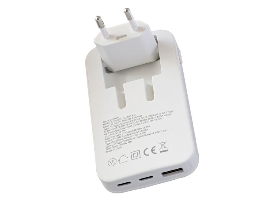 Carregador de parede tnb GaN 65 w 2x USB-C + USB-A dobrável cor branca