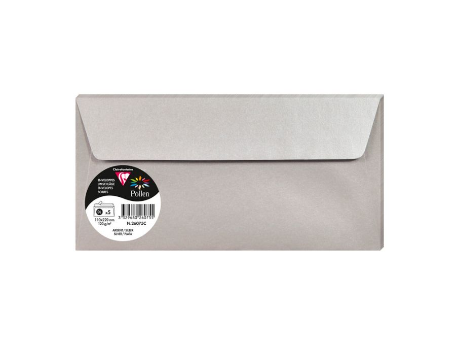 Envelope clairefontaine pollen 110x220 mm 120 g prata pack de 5 unidades